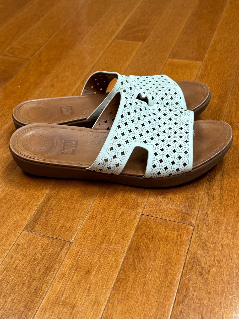 Fitflop Sandals H-Bar Latticed Leather Slide Sz 9 White